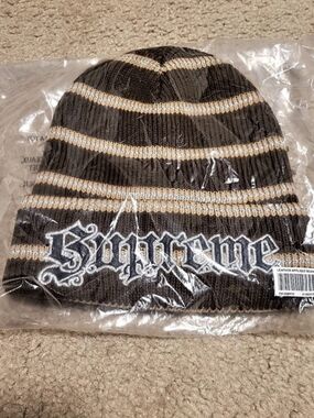 Supreme Metallic Stripe Leather Applique Beanie Brown & White Beanie NWT